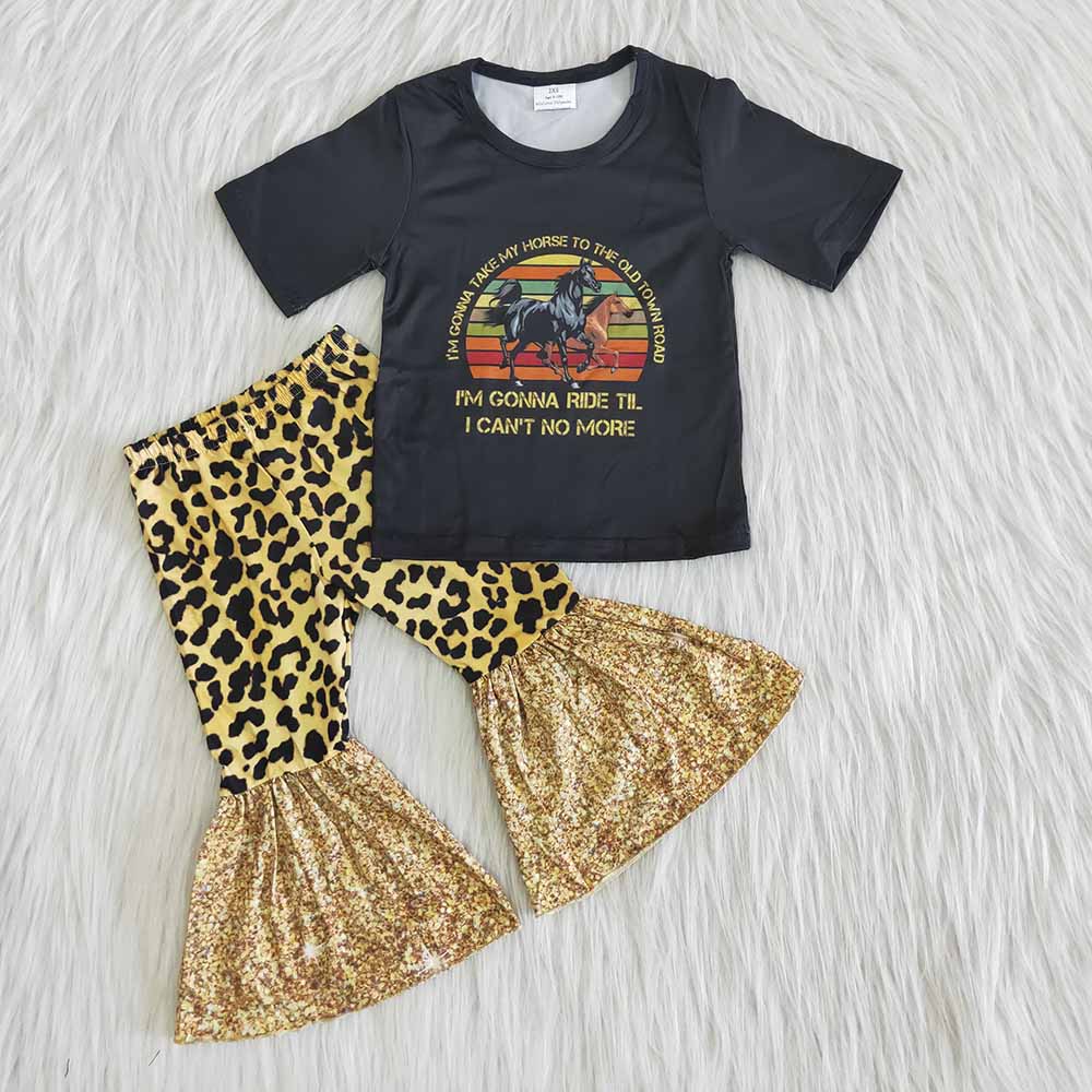 A13-14-1 $2.99 Black Short Sleeve Leopard Print Girls Outfits