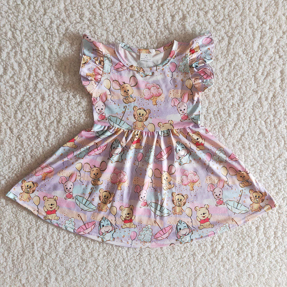 Cartoon Flutter Sleeve Bear Adorable Girls Twirl Dress