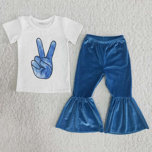 Short Sleeve Baby Girls Blue Velvet Pants Outfits