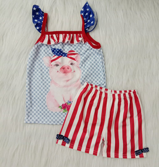 4th Of July Pig Striped Print Girls Outfits