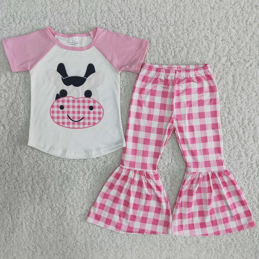 Cow Short Sleeve Pink Plaid Print Baby Girls Outfits