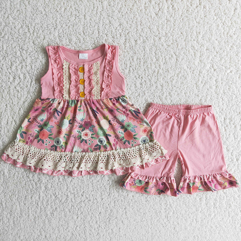 Lace Sleeveless Floral Print Baby Girls Pink Shorts Set