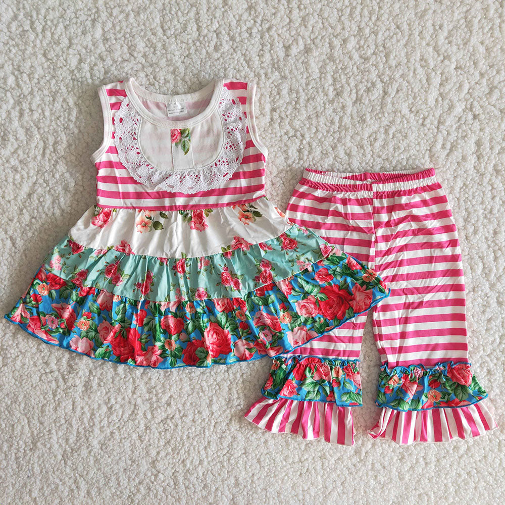 Sleeveless Striped Print Floral Print Baby Girls Outfits