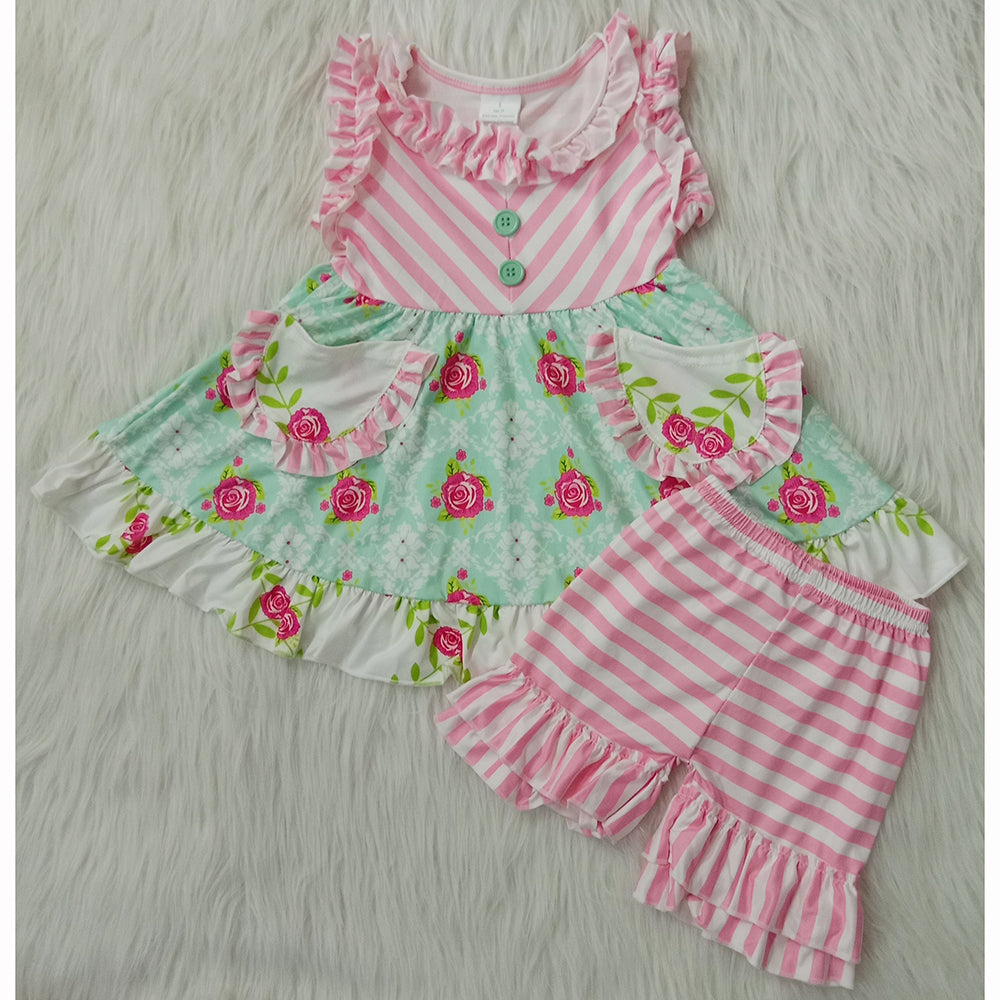 Pink Striped Print Sleeveless Pockets Shorts Baby Girls Set