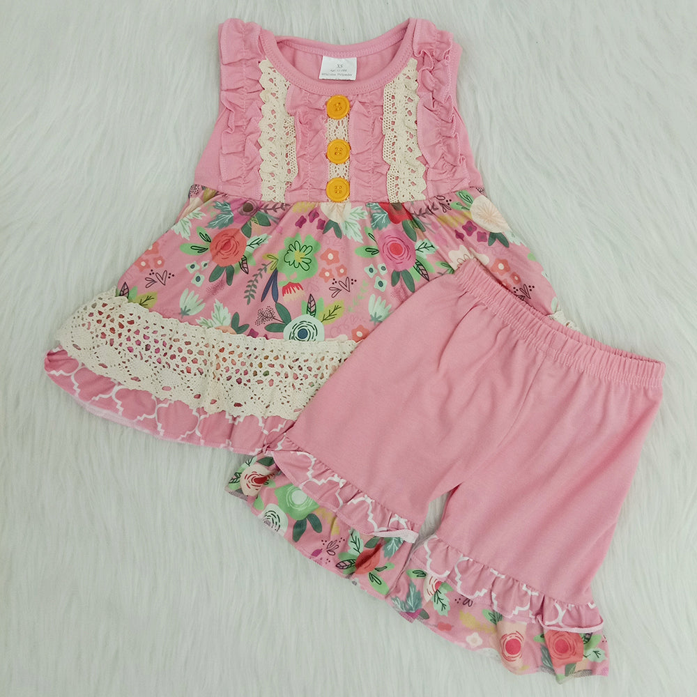 Lace Sleeveless Floral Print Baby Girls Pink Shorts Set