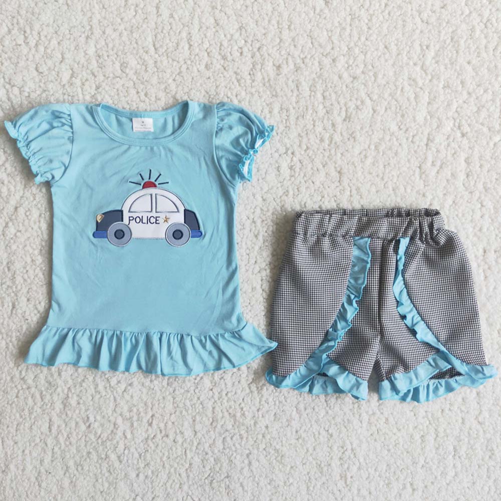 Embroidery Police Blue Girls Summer Set