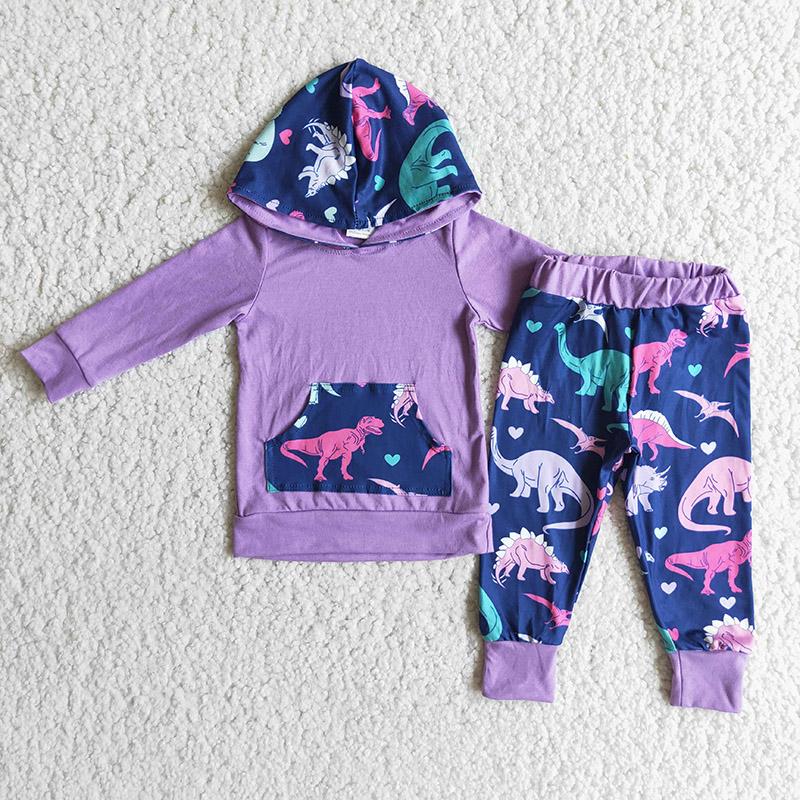 Purple Dinosaur Print Kids Hoodie Set