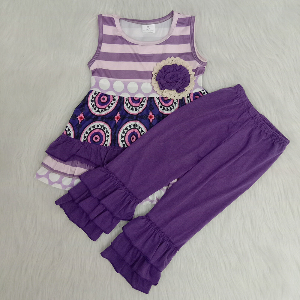 Sleeveless Purple Striped Print Flower Pant Girls Outfits