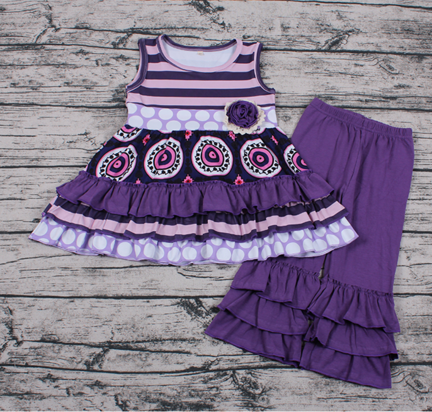 Sleeveless Purple Striped Print Flower Pant Girls Outfits