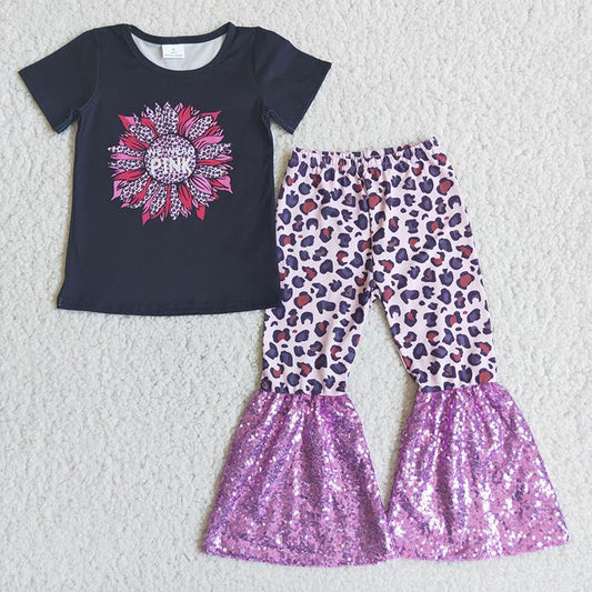 Black Short Sleeve Sunflower Purple Leopard Print Sequin Girls Set