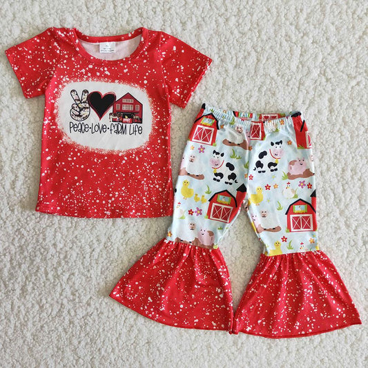 Peace Love Farm Life Red Bleach Design Baby Girls Outfits