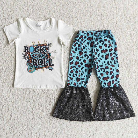 Rock Short Sleeve Match Blue Leopard Print Sequin Pants Set