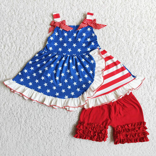4th Of July Girls With Bow Match Red Ruffles Shorts Set
