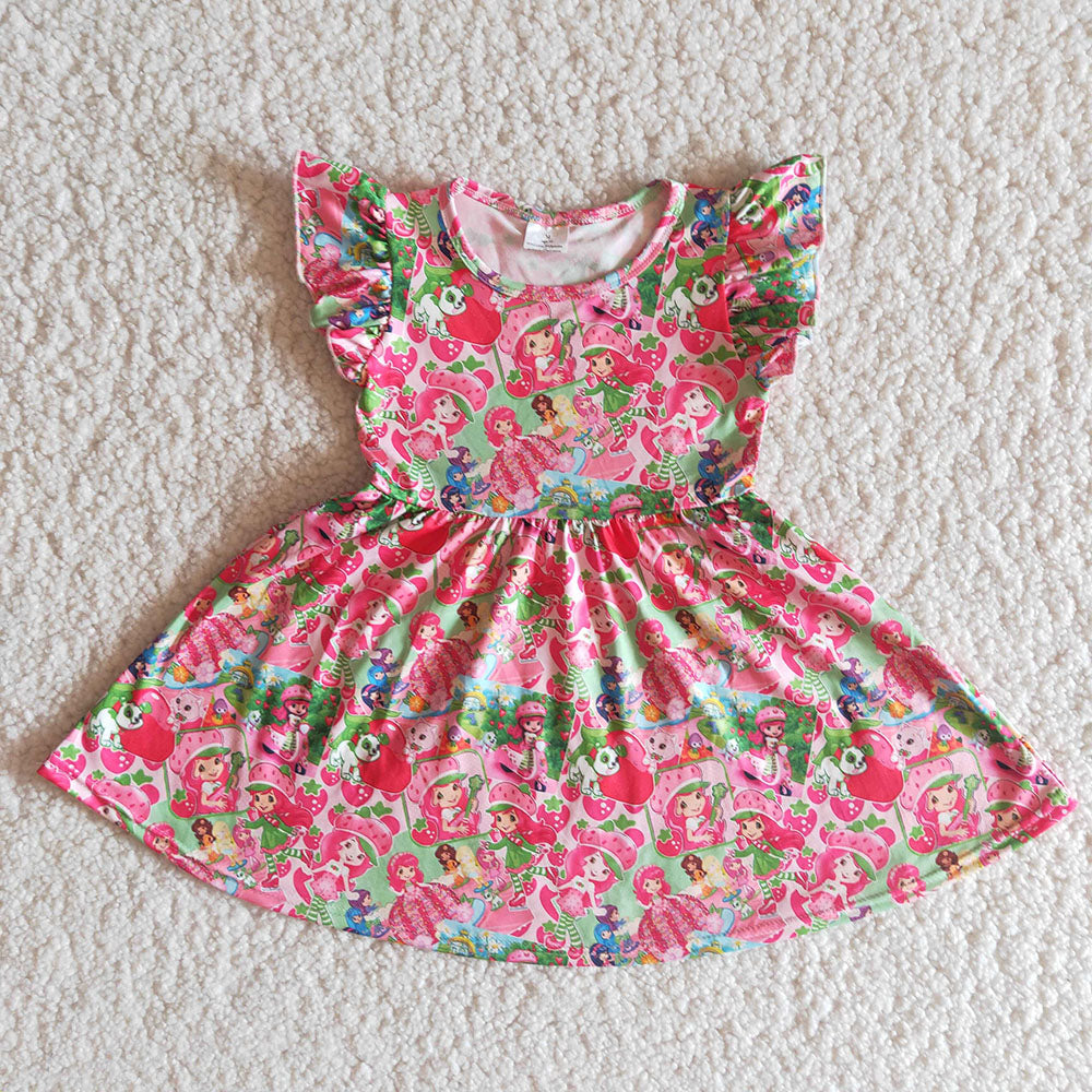 B10-12 Strawberry Print Flutter Sleeve Girls Twirl Dress