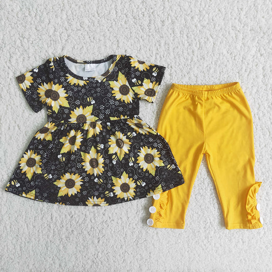 C7-15 Sunflower Print Baby Girls Yellow Pants Girls Outfits