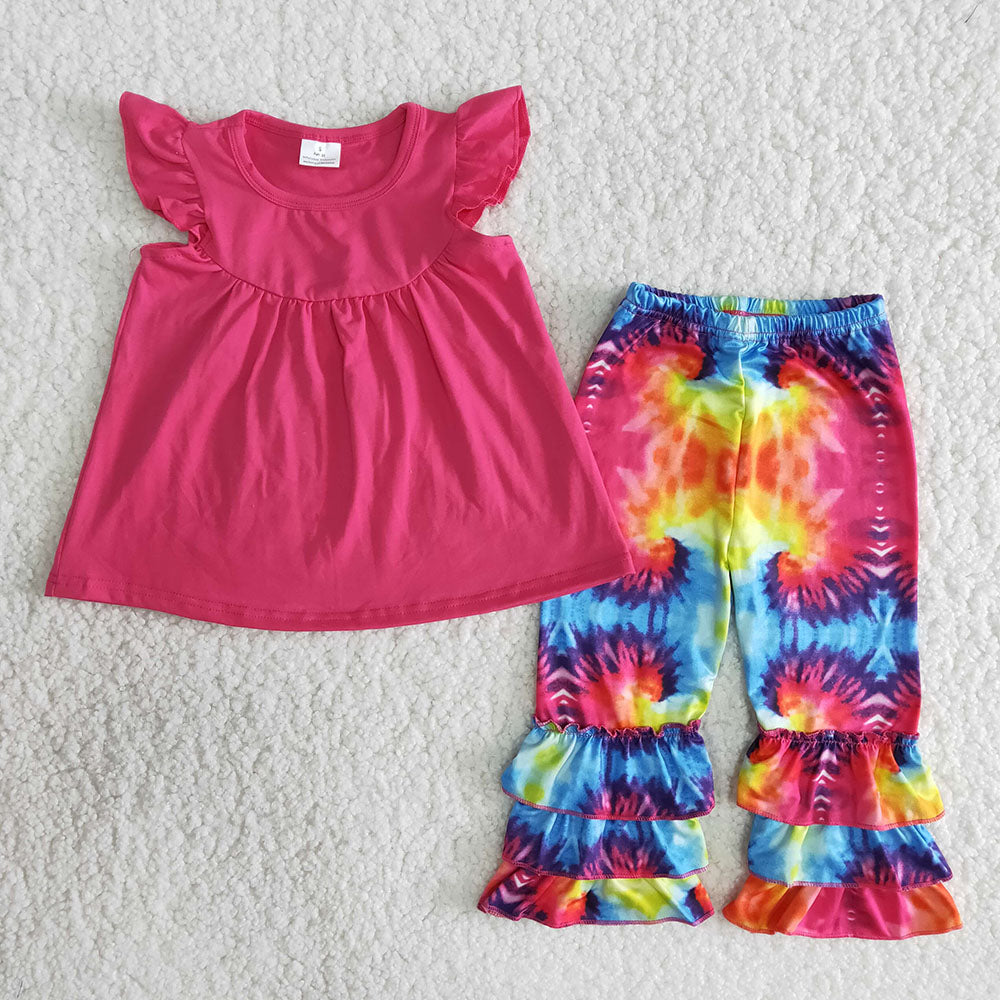 Hot Pink Flutter Tie Dye Pants Girls Set