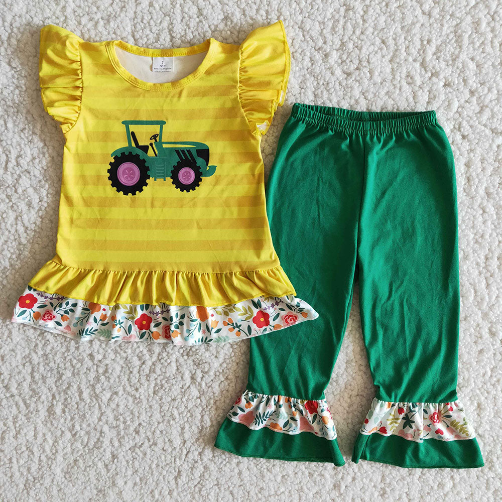 B9-16 $2.99 Yellow Striped Truck Flutter Green Pants Girls Outfits