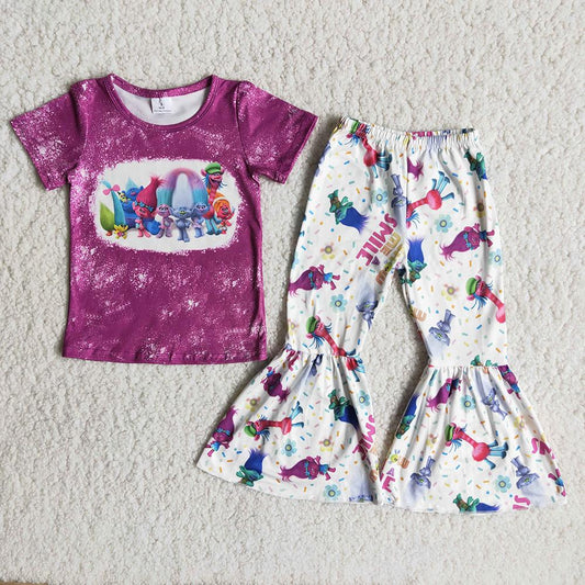 B17-4 Purple Bleach Design Cartoon Bell-Pants Set