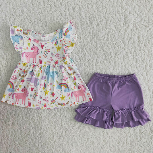 Unicorn Print Purple Shorts Kids Clothes