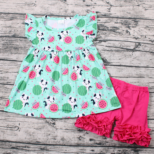 Summer Cat And Watermelon Print Hot Pink Shorts Kids Set