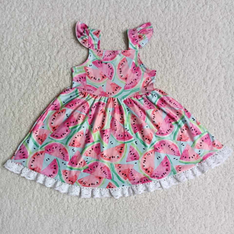 Watermelon Print Flutter Sleeve Lace Girls Twirl Dress