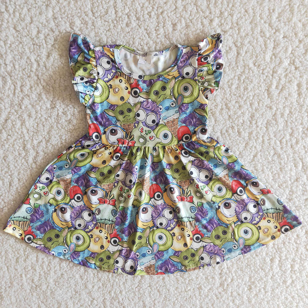 Funny Flutter Sleeve Cartoon Baby Girls Twirl Dress