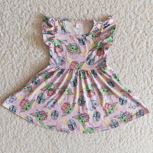 Pink Adorable Flutter Sleeve Cartoon Baby Girls Twirl Dress