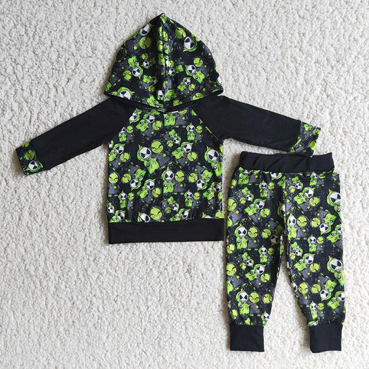 Hot Sale Cartoon Green Print Hoodie Set